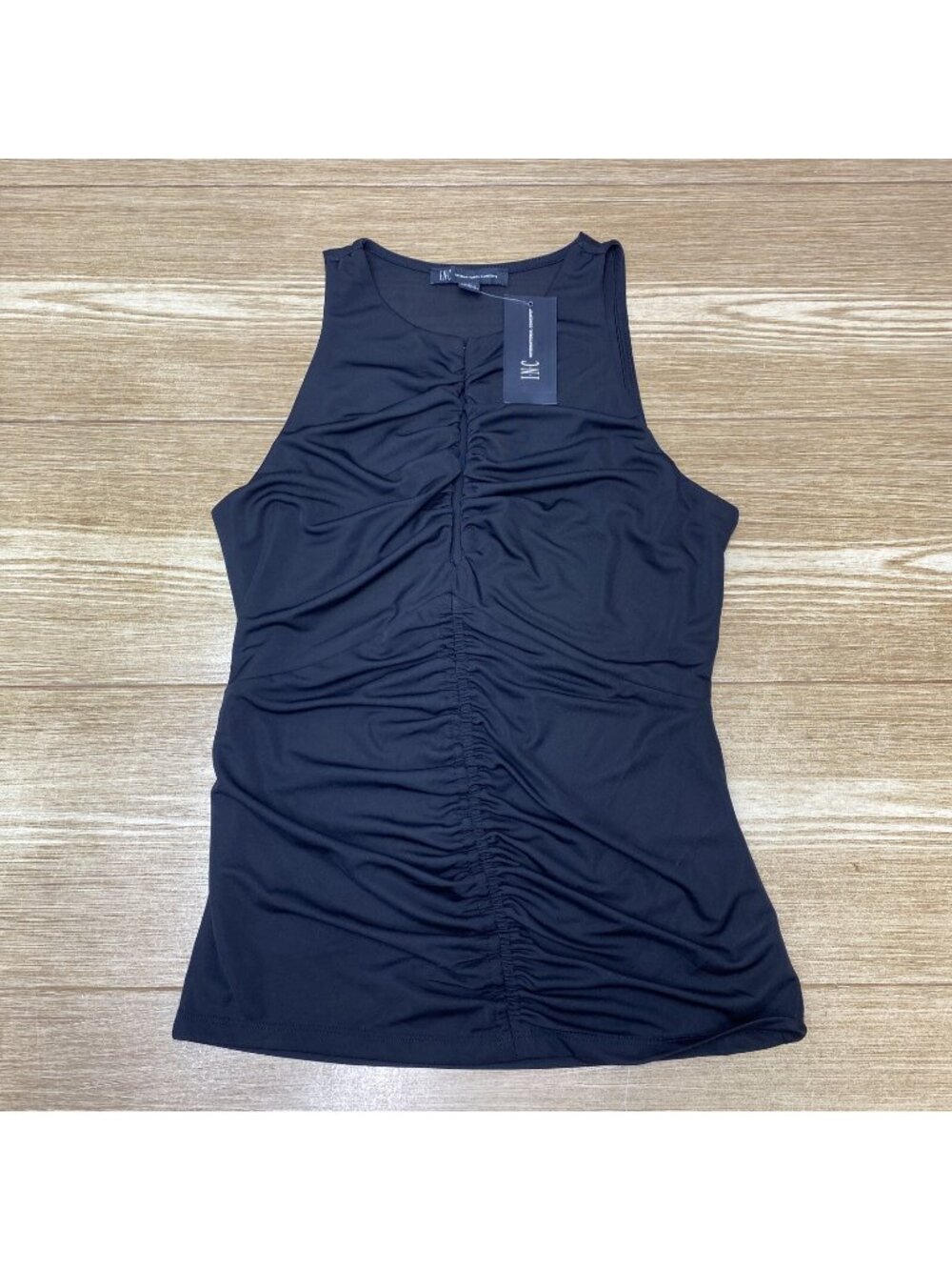 INC International Concepts Blouse Womens S Black Ruched Sleeveless Keyhole Top